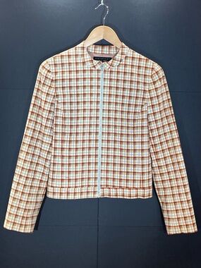 Y2K Parallel (BCBG Owned) Plaid Zip-Front Moto Jacket in White, Tan & Rust
